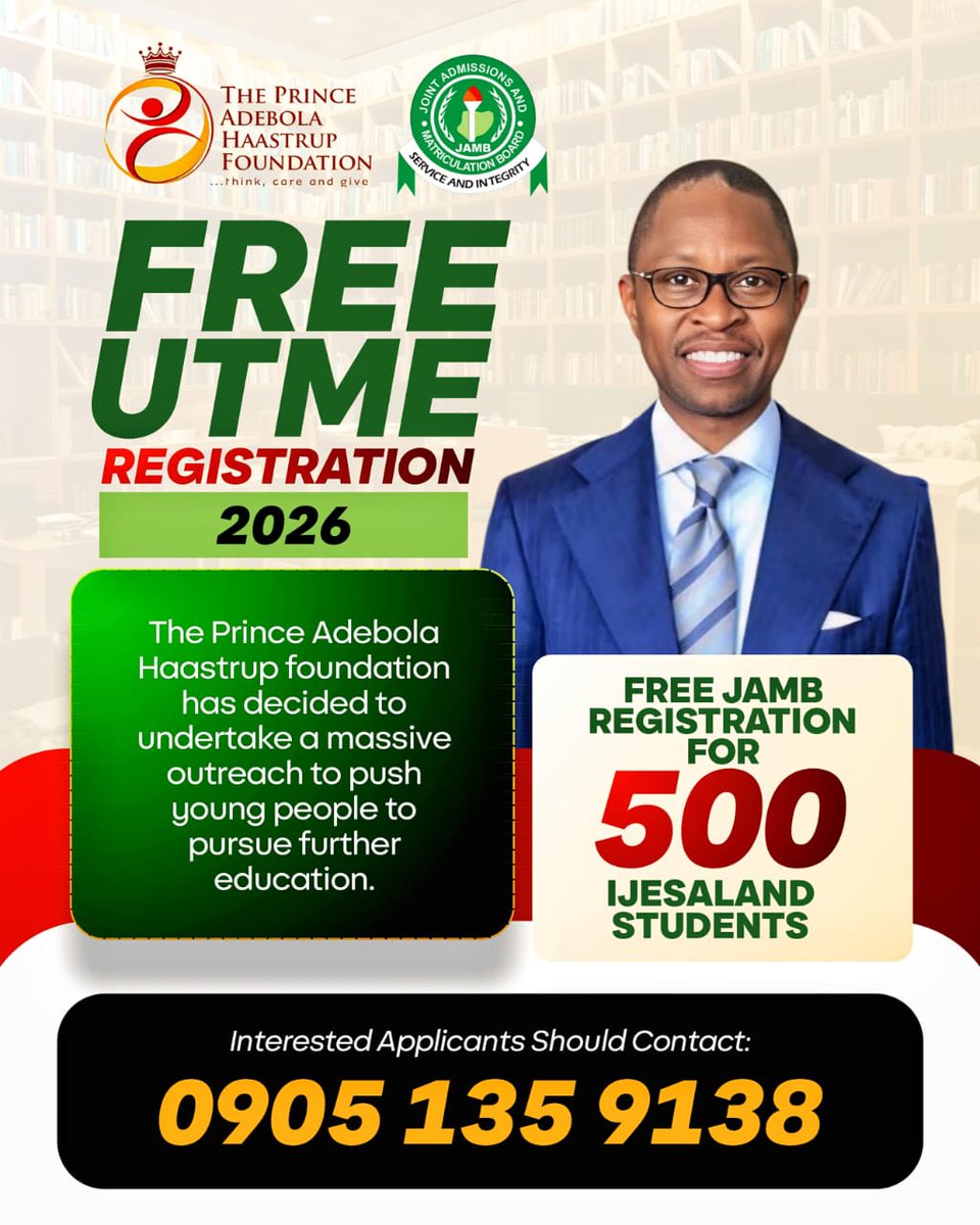 ThePrincesfdn's tweet photo. FREE UTME REGISTRATION
The Prince Adebola Haastrup Foundation is sponsoring JAMB registration for 500 students in Ijesaland
This initiative is aimed at helping brilliant but less-privileged youth access higher education
Interested applicants should contact the number on the flier https://t.co/G2rSeWT7sj
