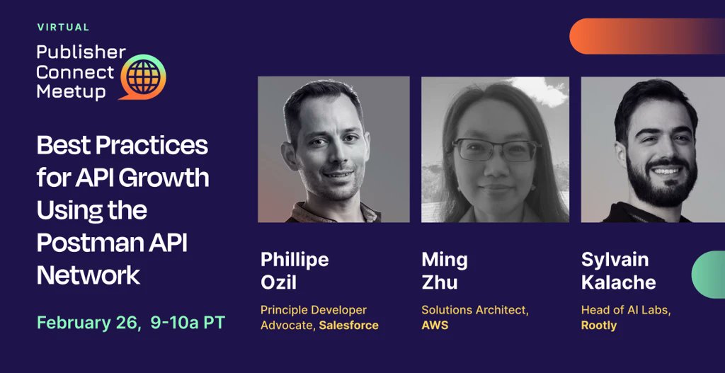 patricia_dugan's tweet photo. 2/26 📺 Join me for our next Publisher Connect Meetup covering Best Practices for API Growth!  

Speakers:  
Ming Zhu, Solutions Architect, @awscloud
@SylvainKalache, Head of AI Labs, @rootlyhq
@PhilippeOzil, Principal DA, @SalesforceDevs

Sign up here: https://t.co/pzzZrxYEjm https://t.co/Pcizsntdh0