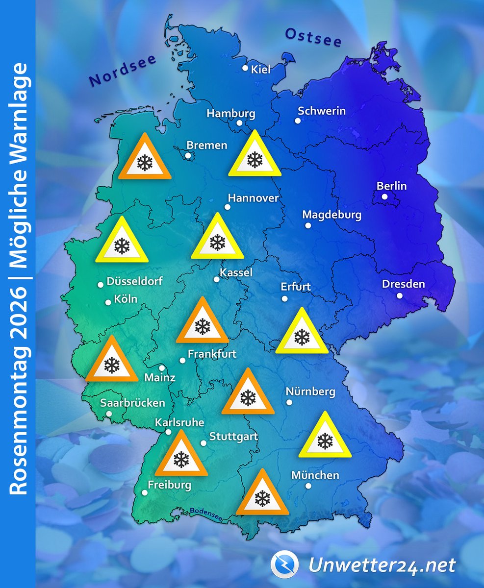 🎊 Rosenmontag: Schnee könnte für Chaos sorgen 🎉

Für die Fastnachts- und Karnevalstage steht eine spannende Lage an. Dabei kann es regional viel Neuschnee geben. 🌨️

Eine erste Einschätzung: unwetter24.net/2026/02/11/ros…

#Schnee #Rosenmontag #Fastnacht #Fasching #Karneval #Wetter