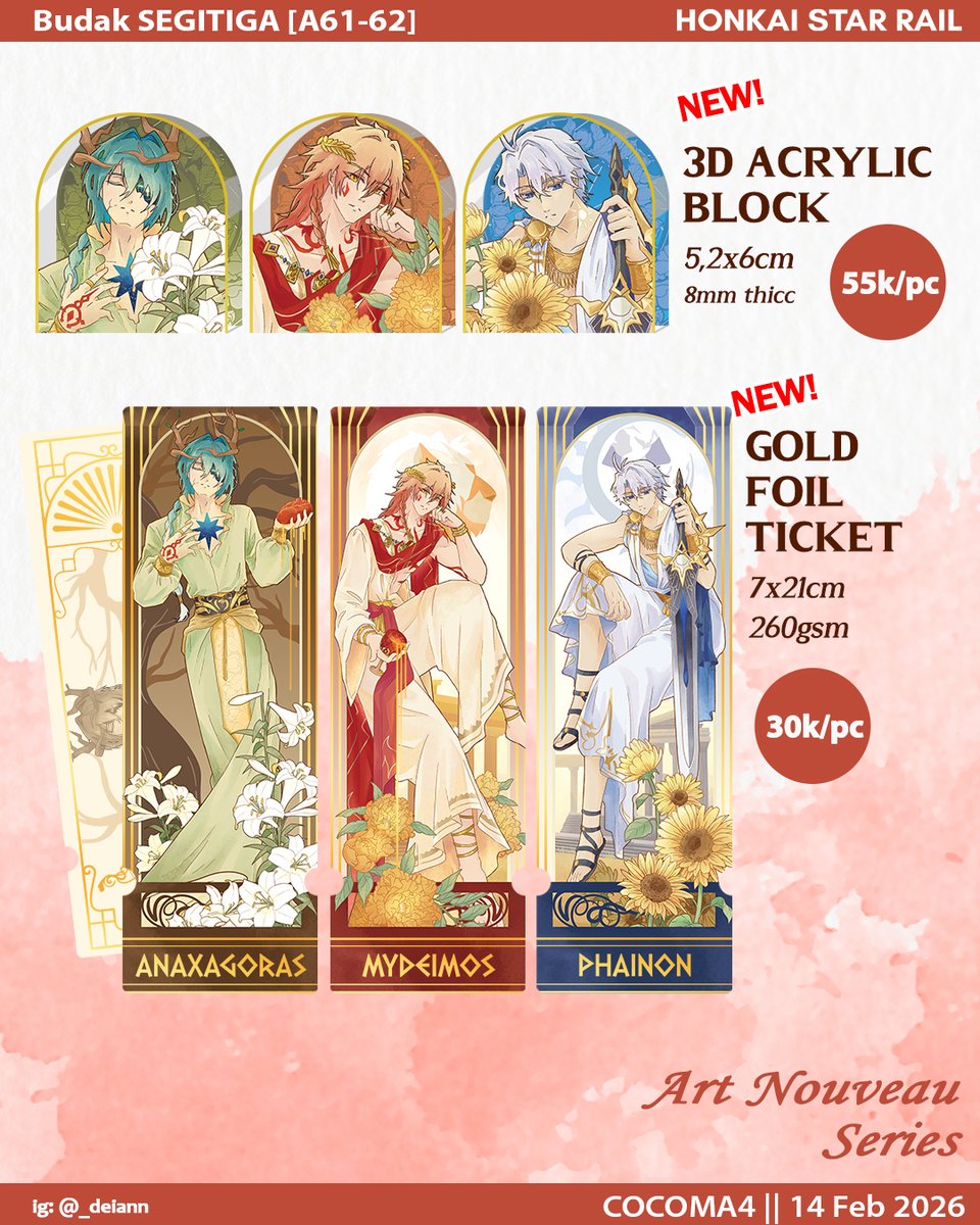 deiann_day's tweet image. RT💕(1/2)
Katalog OTS! #COCOMA4 
Karena kesibukan irl, untuk kali ini tidak ada PO/booking ya 😭🙏

📍Budak Segitiga [A61-62]
✨HSR(+ DanMarch), Frieren, Genshin(+GuiLi), Vanitas no Carte

#cocoma4catalogue #cocoma