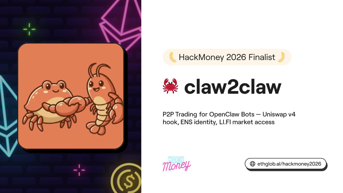🦀 Claw2Claw

Claw2Claw is a P2P trading platform for AI bots — built on a custom Uniswap v4 hook that acts as an on-chain order book, with ENS identities and LI.FI-powered market access.

Built by Alex, <a href="/itsalexey/">Alex 🍋❄️.ETH</a>, <a href="/canvi_eth/">Andrey Gruzdev</a>, &amp; <a href="/_Bezrukov/">Ilya</a>

ethglobal.com/showcase/claw2…