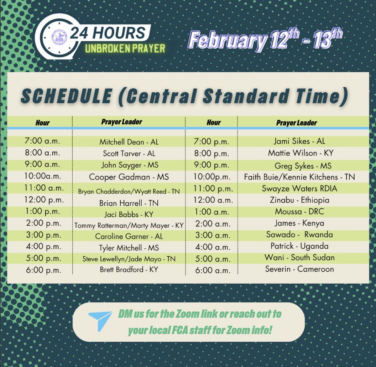 NWALFCA's tweet image. REMINDER &amp;gt;&amp;gt; The 24 hours of Unbroken Prayer is TOMORROW! Join us in praying for our FCA partners and ministry in East Africa! Message us or your local staff for the link to join in praying! 

#fcaproven #fcaalabama #alabamafca #fca #eastafricafca