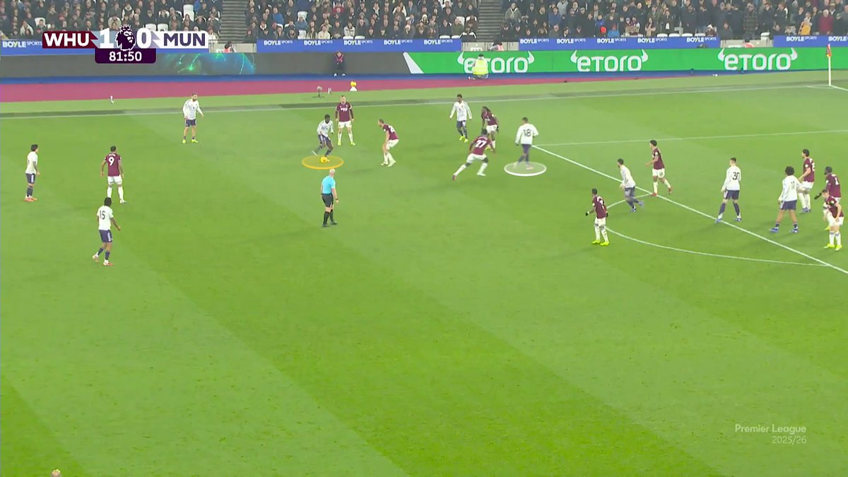 EBL2017's tweet photo. Mainoo purposely passed this ball into the ground so it would bounce and bypass West Ham's defenders.

He's a genius, both technically and psychologically. https://t.co/JT5bdEoVue