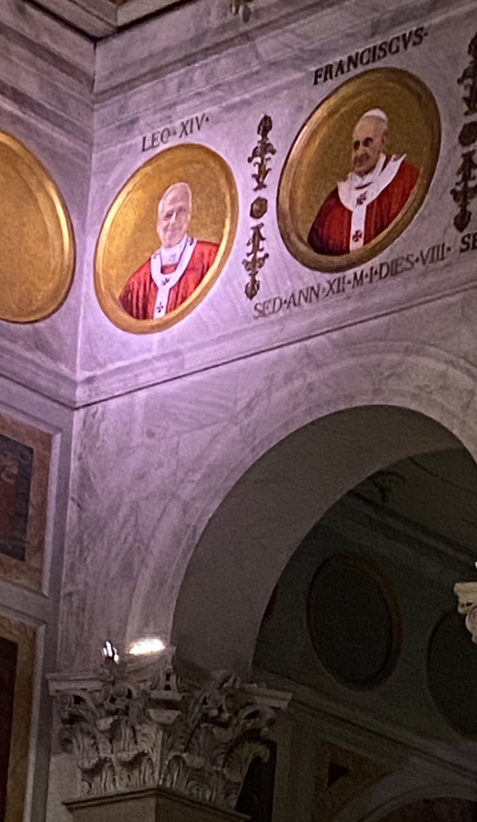 Am in the Basilica di San Paolo fuori le Mura for the first time since the image of Pope Leo XIV was installed.
