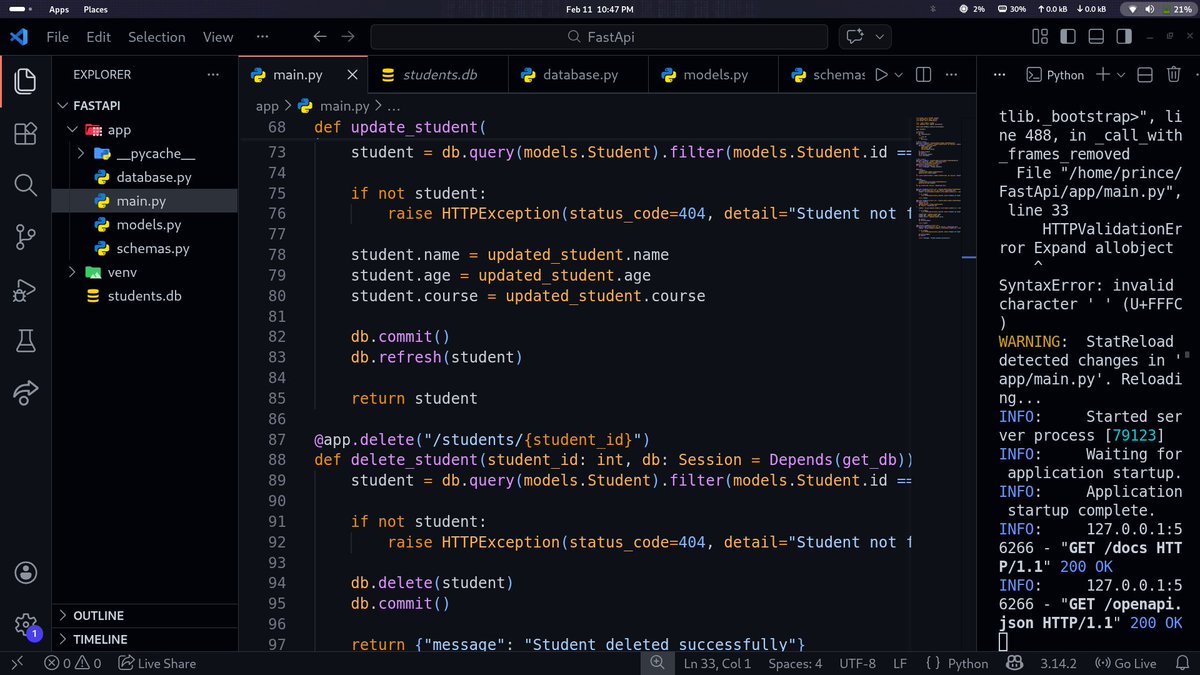 PrinceKush31873's tweet photo. FastAPI – Update
Implemented UPDATE & DELETE endpoints.
Integrated SQLAlchemy ORM for DB operations.
Managed sessions via dependency injection (Depends).
Added proper HTTPException (404) handling.
#FastAPI #Python #SQLAlchemy #Backend #APIs https://t.co/QWYzUYGqZf
