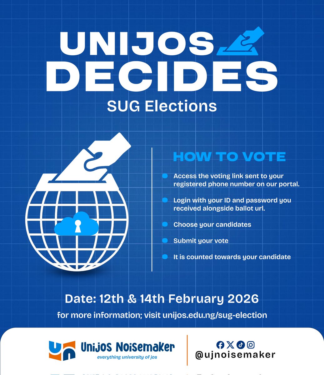 ujnoisemaker's tweet image. 🗳️ UniJos Decides

Your vote, your voice, your power.

The SUG Elections are here. Log in, choose your candidates and make your choice count.