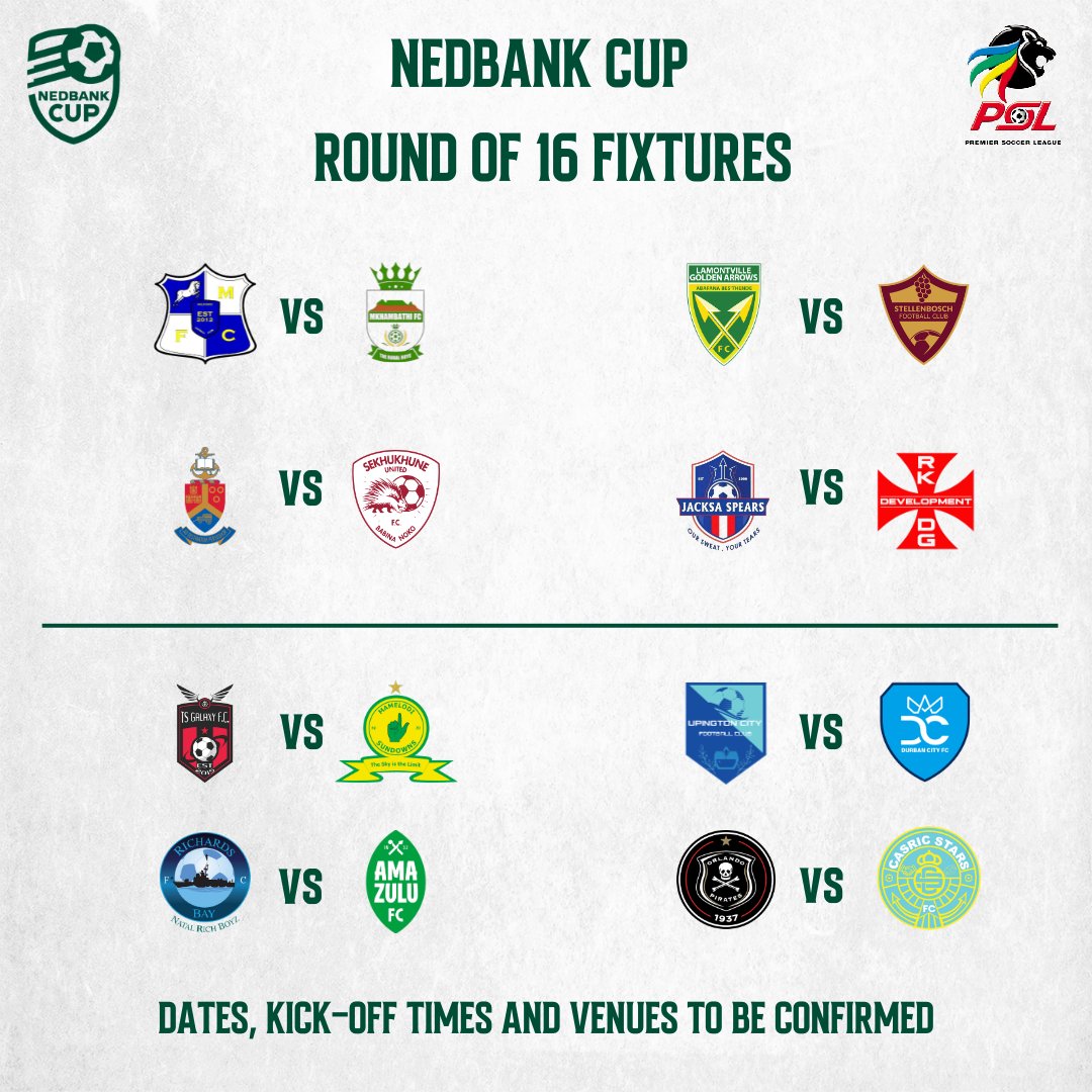 𝐋𝐎𝐂𝐊𝐄𝐃 𝐈𝐍 🔒

The #NedbankCup Round of 16 draw has been concluded. ✅

Venues, dates and kick-off times will be communicated in due course.