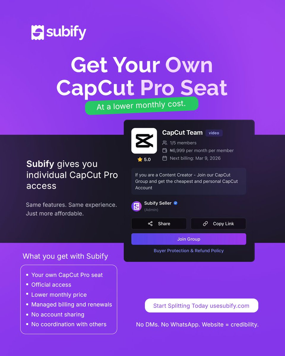 If you’re paying full price for CapCut Pro in 2026… we need to talk!

Creators shouldn’t be overpaying for tools they use every day.

Subify built a smarter way to access CapCut Pro.

Join the Subify creators group → usesubify.com/contentcreators now!