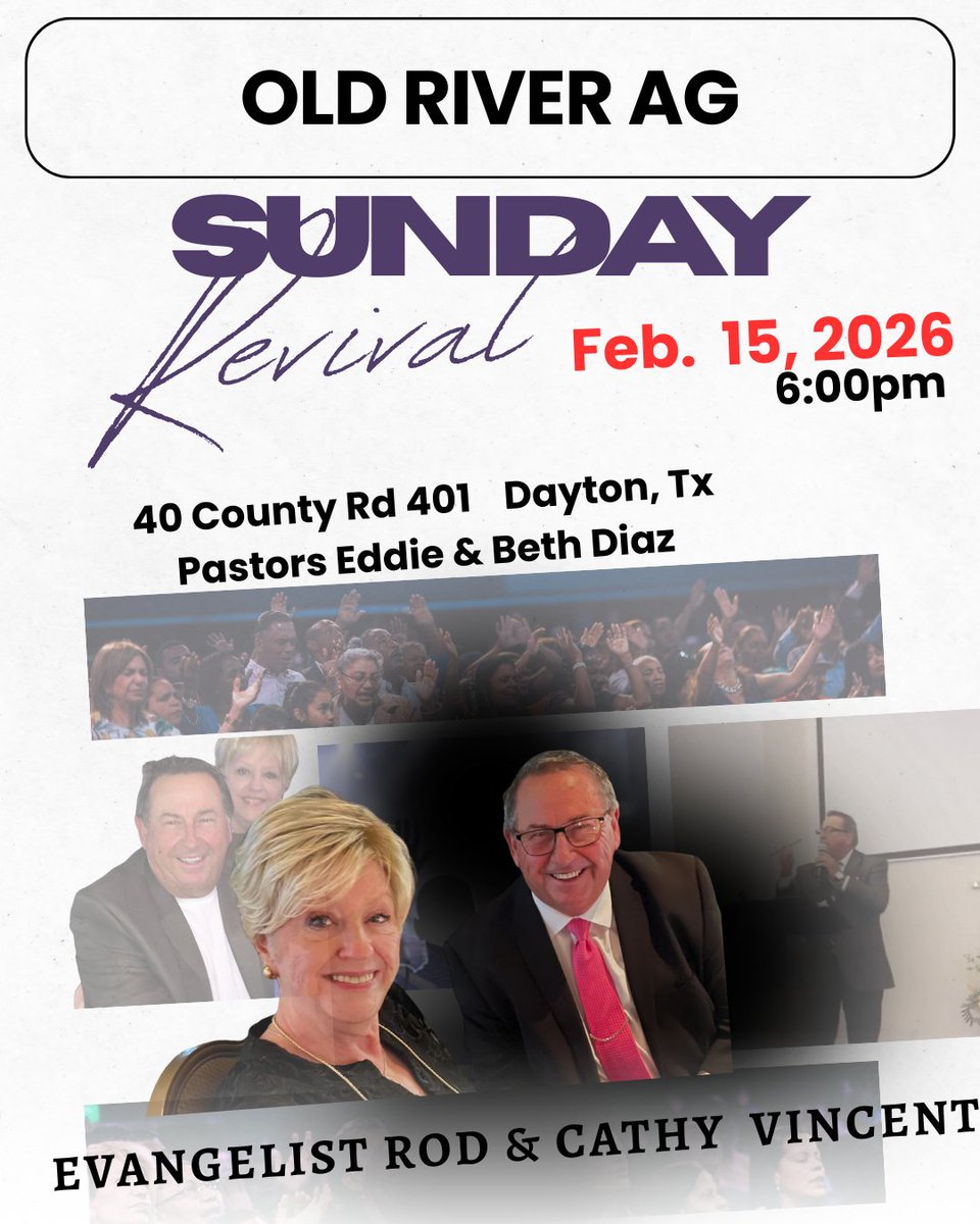 OldRiverAG's tweet photo. Make plans to join us this Sunday @ 6pm to be encouraged by Cathy and Rod Vincent with Rod Vincent Ministries, you don't want to miss it! https://t.co/DyP070PxXa
