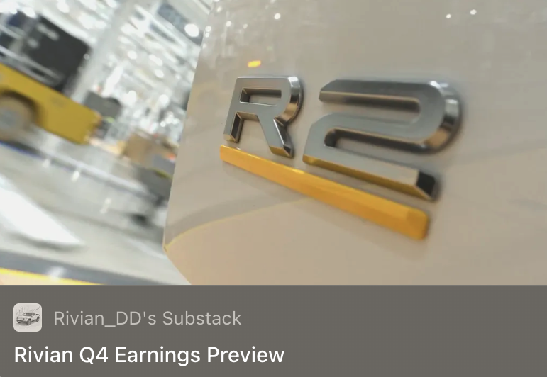 My $RIVN Q4 earnings preview. All eyes on R2 and 2026 delivery guidance—my base case is 68k deliveries (vs. 64k consensus).

riviandd.substack.com/p/rivian-q4-ea…