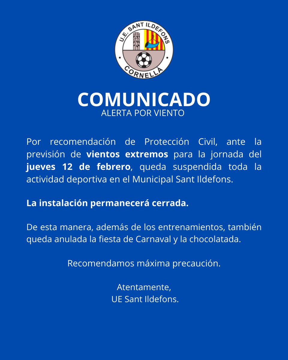 uesantildefons's tweet photo. 📄 COMUNICADO | Alerta por viento.  

ℹ️ Queda suspendida la actividad deportiva durante el jueves 12 de febrero. 

#YoSoyDelSani 💙 https://t.co/B611OWvCqz