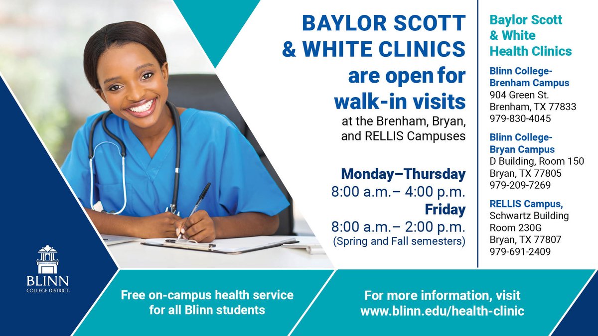 BlinnCollege's tweet photo. Feeling under the weather? We've got you covered! Our @bswhealth clinics provide health services, including walk-ins, to all current students on the #BlinnBryan, #BlinnBrenham, and Blinn at Texas A&M-#RELLIS campuses. Learn more ➡️ https://t.co/Qfrhese7zB https://t.co/iqDSXSPPcu