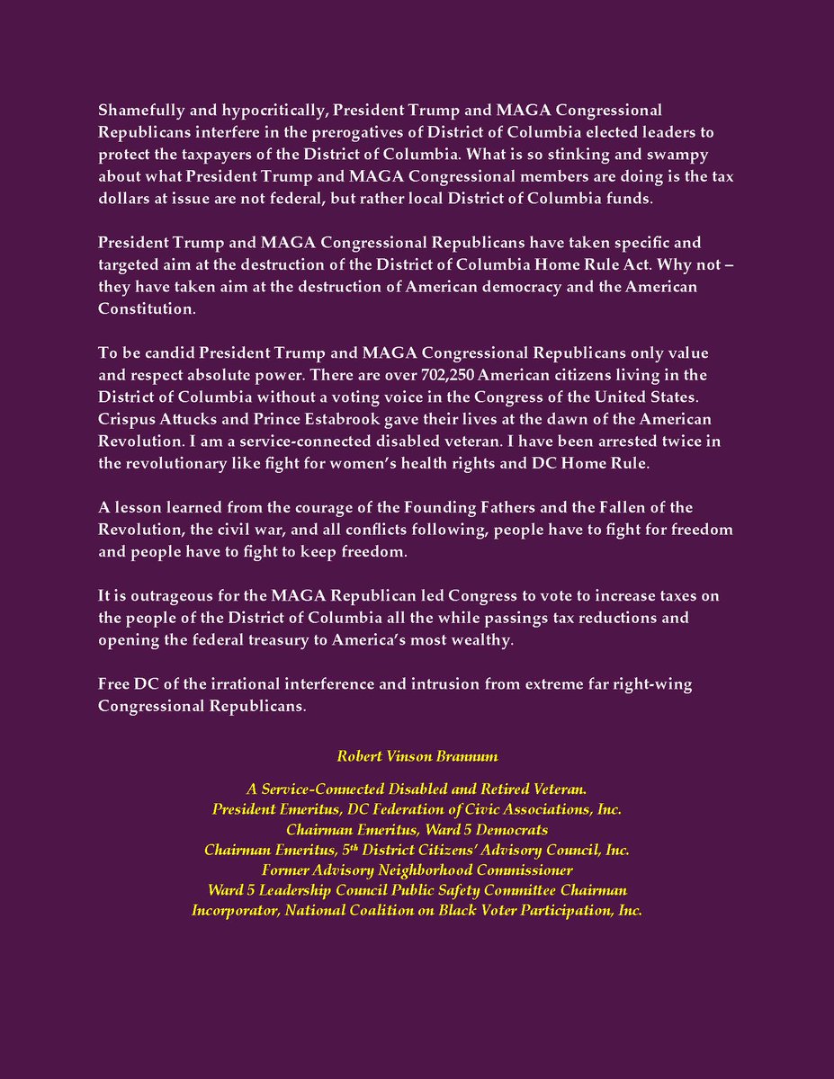 .<a href="/WhiteHouse/">The White House</a> <a href="/POTUS/">President Donald J. Trump</a> <a href="/LeaderJohnThune/">Leader John Thune</a> <a href="/SpeakerJohnson/">Speaker Mike Johnson</a> <a href="/SenSchumer/">Chuck Schumer</a> <a href="/RepJeffries/">Hakeem Jeffries</a> <a href="/MayorBowser/">Mayor Muriel Bowser</a> <a href="/ChmnMendelson/">Phil Mendelson</a> <a href="/washingtonpost/">The Washington Post</a> <a href="/wcp/">Washington City Paper</a> <a href="/51stnews/">The 51st</a> <a href="/AlexKomaDC/">Alex Koma</a> <a href="/mitchryals/">Mitch Ryals</a> <a href="/freedcproject_/">Free DC</a> <a href="/maustermuhle/">Martin Austermuhle</a> <a href="/ricebilldc/">bill rice</a> <a href="/tomsherwood/">Tom Sherwood</a> <a href="/nbcwashington/">NBC4 Washington</a> <a href="/wusa9/">WUSA9</a> <a href="/SegravesNBC4/">Mark Segraves</a> <a href="/murraymatt/">Matt Murray</a> <a href="/jennygathright/">jenny gathright</a>