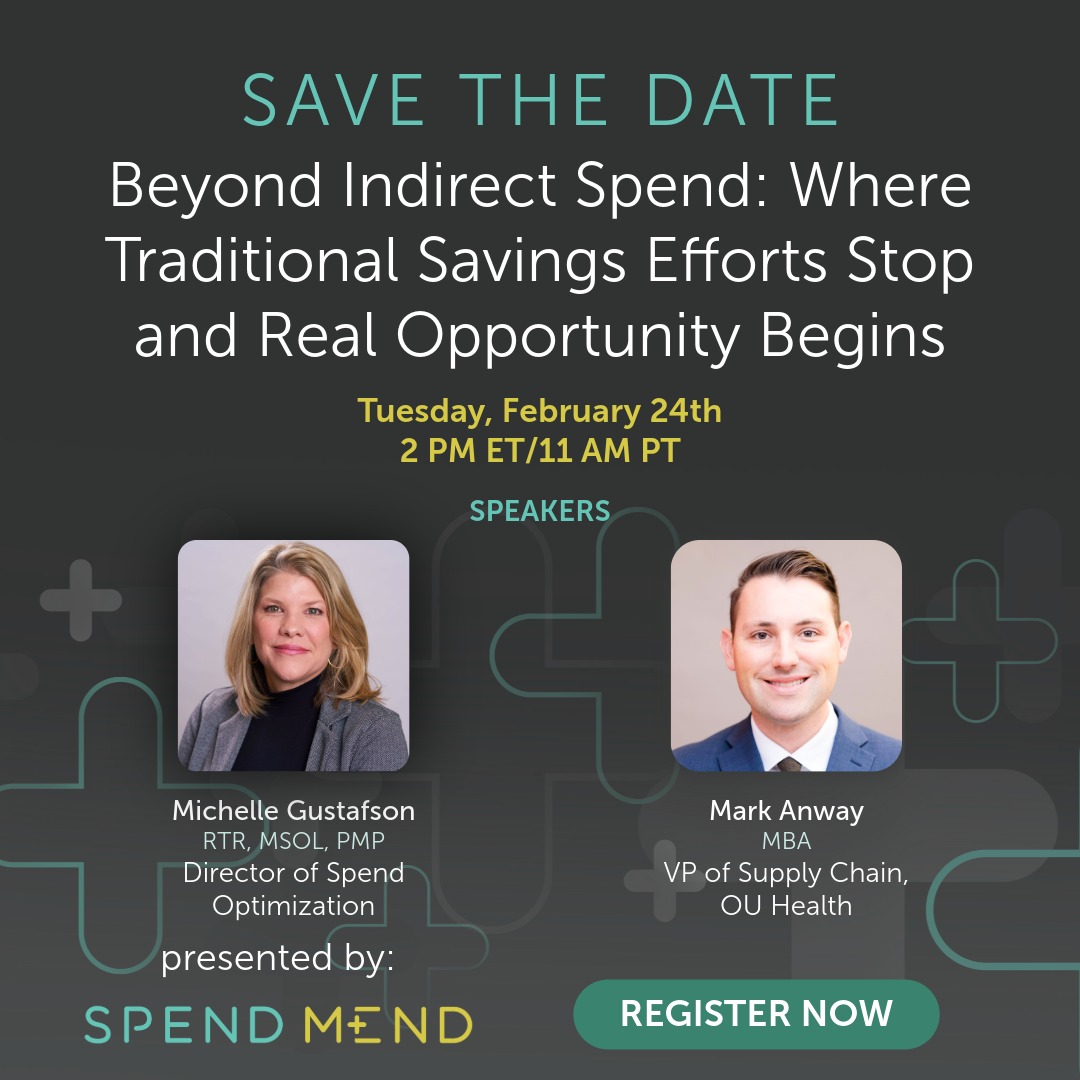 SpendMend's tweet photo. Join SpendMend + OU Health for a webinar on uncovering value in complex, clinically influenced categories.
Feb 24 | 2 PM ET / 11 AM PT
Register today: https://t.co/2OBAoK0eZo
#Healthcare #SupplyChain #SpendOptimization https://t.co/UXlzxTIllt