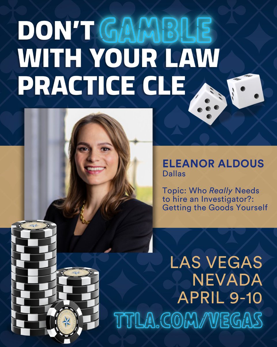 🎤TTLA Speaker Spotlight: ELEANOR ALDOUS!
➡️Join us at the <a href="/TTLA_/">Texas Trial Lawyers</a>  Destination CLE in Las Vegas | April 9–10 for an unforgettable program.
👉 TTLA.com/Vegas🐦 Early Bird pricing is available.
🎲 Big content. Big energy. Big Vegas. You don’t want to miss this one!
