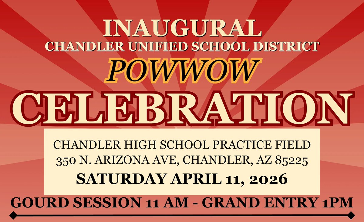 Join us for our Inaugural Powwow at Chandler High School April 11! This event seeks to honor and celebrate Native American students, families, and the Chandler community.
Gourd Session: 11 a.m.
Grand Entry: 1 p.m.
FREE at <a href="/CHSWolvesAZ/">Chandler High School</a>
cusd80.com/powwow #WeAreChandlerUnified
