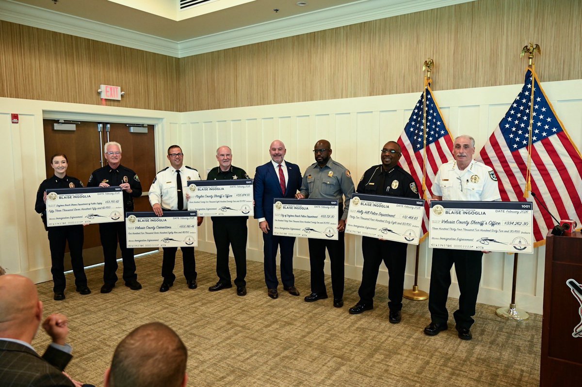 Today I presented more than $1.7M in immigration enforcement checks to <a href="/SheriffChitwood/">Mike Chitwood</a>, <a href="/SheriffStaly/">Rick Staly</a>, <a href="/ChiefJakari/">Chief Jakari Young</a>, <a href="/HollyHillPolice/">Holly Hill Police</a>, <a href="/DBShoresPS/">DaytonaBeachShoresPS</a>, and Volusia County Corrections. 

Florida is NOT Minnesota. 
Florida is NOT Minneapolis. 

We stand with our law enforcement