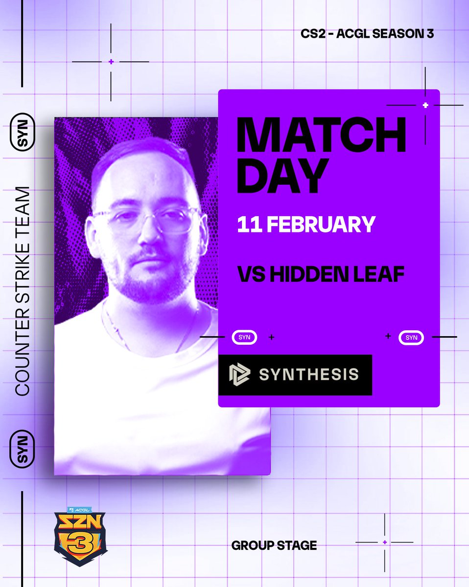 SynthesisENMT's tweet image. It's our first official game of 2026! 🔥

​We’re kicking things off in CS2 #ACGLSZN3 with a group stage match against #HiddenLeaf. ⚔️

​Live tonight from 8 PM! 
📺 twitch.tv/synthesisenmt
​🎙 @PASTELAIMS

​#CS2 #SYNCity #SZN3