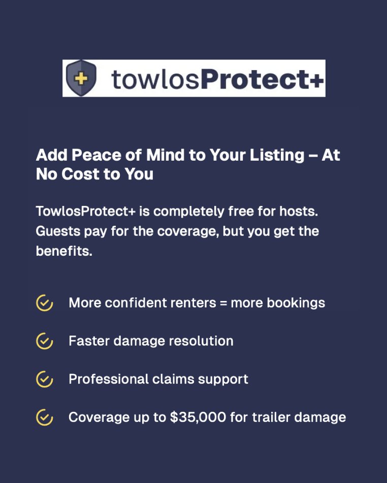 towlostrailers's tweet image. Protection = more bookings.
Towlos Protect+ helps guests book with confidence and gives hosts peace of mind. #protectplus #towinginsurance #trailerrental #towlostrailers #rental