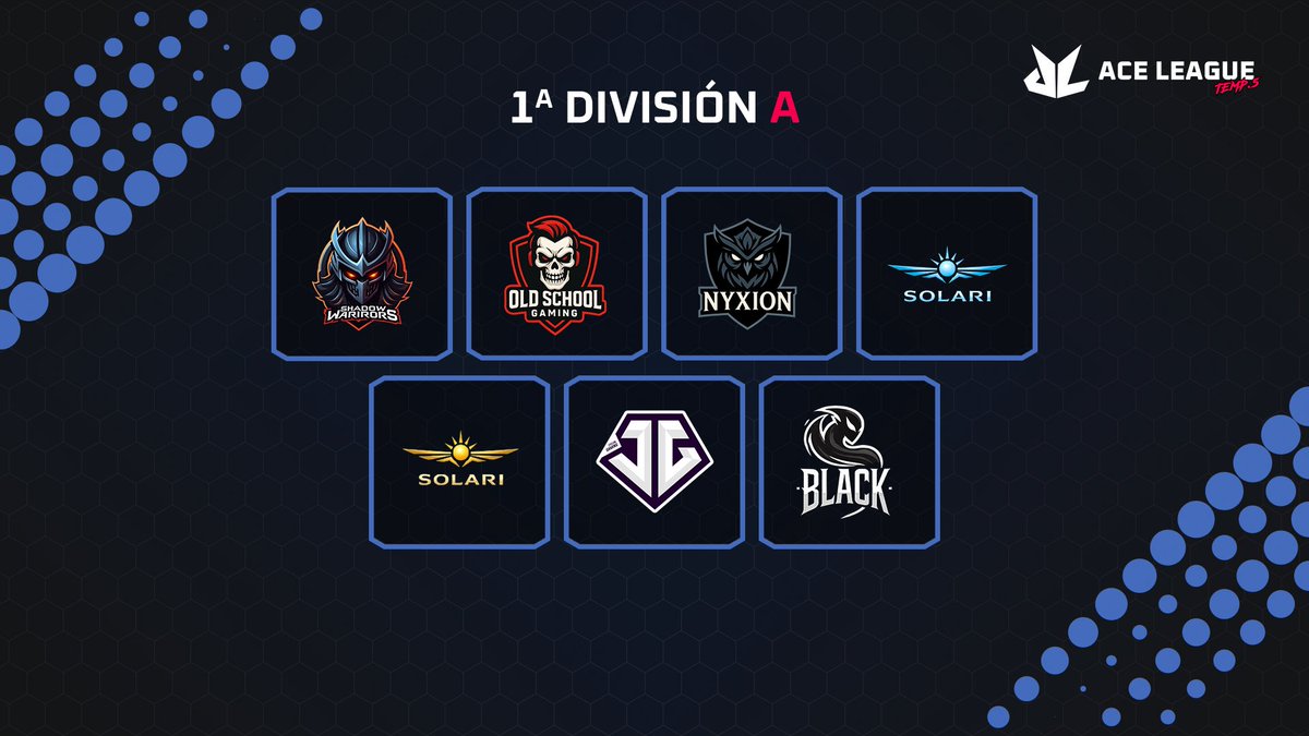 🏆 ACE League – Split 5

🔹 1ª División | Grupo A
Estos son los equipos que competirán en el Grupo A de la 1ª División:

▫️ <a href="/SW_Resistance/">shadowwarriorsdynasty</a> 
▫️ Old School Gaming
▫️ Nyxion
▫️ <a href="/SolariCup/">Solari eSports</a> Blue
▫️ <a href="/SolariCup/">Solari eSports</a> 
▫️ <a href="/CyclonGamingES/">Cyclon Gaming</a> 
▫️ Black

#VuelveLaACE