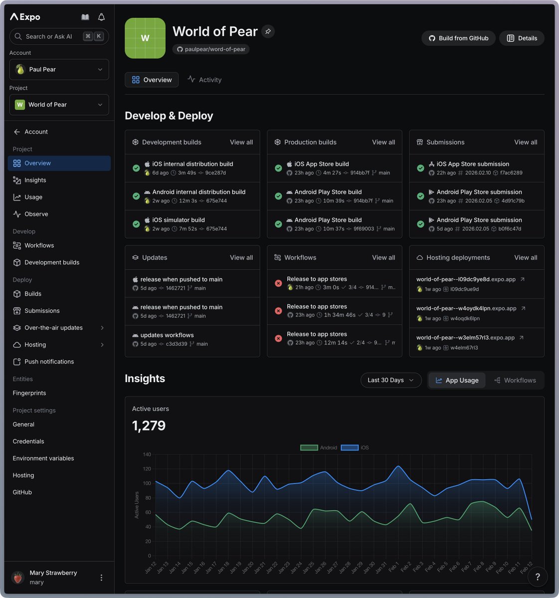 expo_devlog's tweet photo. Introducing our new project dashboard! Find your latest builds, releases, updates and deployments at a glance. https://t.co/oQcQlmfVFK