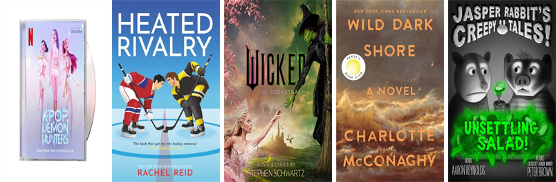 Granby_Library's tweet photo. This week the Granby Free Public Library has 32 new books and two new music CDs.  New items include KPop Demon Hunters, Heated Rivalry, Wicked, Wild Dark Shore, The Murder at World's End, Fake Skating, I'm So Happy You're Here, and The Color Purple. https://t.co/vcWg2D73MX https://t.co/NT4TJumK0G