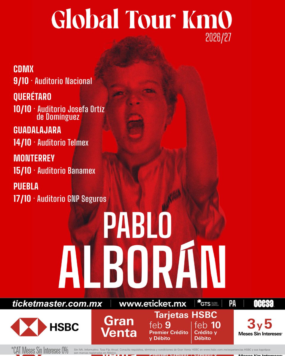#Info ¡Entradas ya disponibles! Se activa la venta general para los cinco concierto de <a href="/pabloalboran/">Pablo Alborán</a> en México con su #GlobalTourKM0:
📍09/10 CDMX
📍10/10 Querétaro
📍14/10 Guadalajara
📍15/10 Monterrey
📍17/10 Puebla

No te pierdas su 💥 gira. + info y 🎟 pabloalboran.es