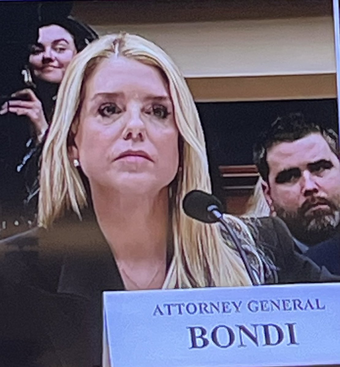 Pam Bondi appears angry, unhinged, lying, avoiding questions, name calling, distracting, and coming across as an incompetent fool. No wonder Trump likes her as his little puppet.