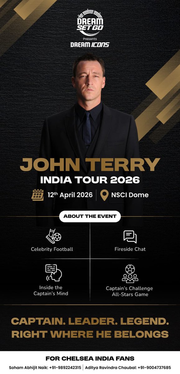 ThaneBlues's tweet photo. 🔵JOHN TERRY. IN THE DOME. MUMBAI🔵

A moment every Chelsea fan lives for. On 12th April, Mumbai turns Blue as John Terry arrives live.

⚽Fast-paced 5v5 action with top Indian talent
🥁Chelsea chants ringing through the Dome
🦁Captain.Leader.Legend. 
Right where he belongs (1/2) https://t.co/1OxHh9kD0o