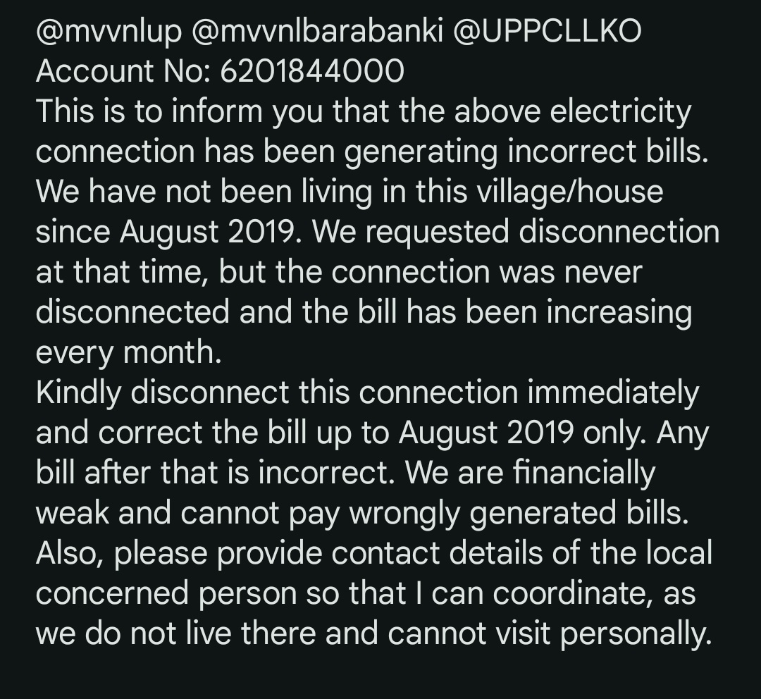 PoliceBBK_Fan's tweet photo. @mvvnlup @mvvnlbarabanki @UPPCLLKO
Account No: 6201844000
This is to inform you that the above electricity connection has been generating incorrect bills. https://t.co/jOm741ti7V