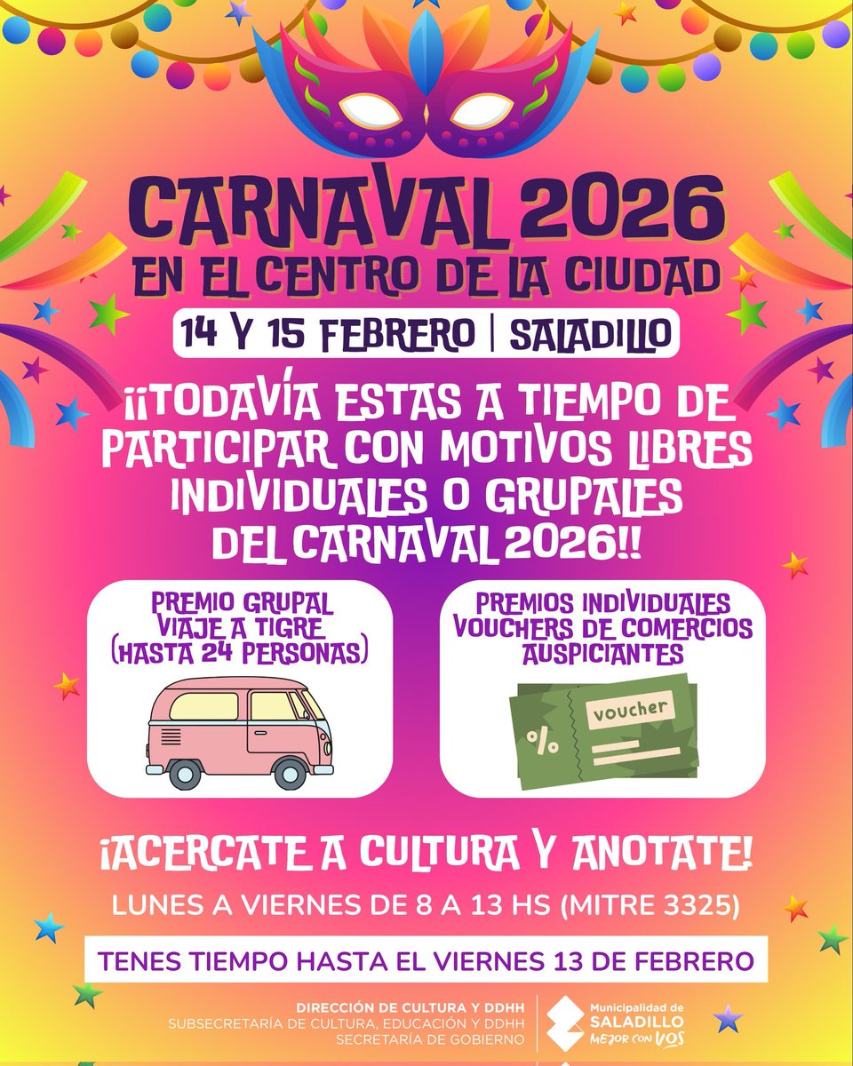 cedhsaladillo's tweet photo. 🎊 ¡¡TODAVÍA ESTÁS A TIEMPO DE PARTICIPAR CON MOTIVOS LIBRES INDIVIDUALES O GRUPALES!! 🎊

🔷️ PREMIO GRUPAL:
• Viaje a Tigre (hasta 24 personas)

🔶️ PREMIOS INDIVIDUALES:
• Vouchers de comercios auspiciantes

ACERCATE A CULTURA Y ANOTATE
Lun a vie de 8 a 13hs (Mitre 3325) https://t.co/igFqq2pY2N