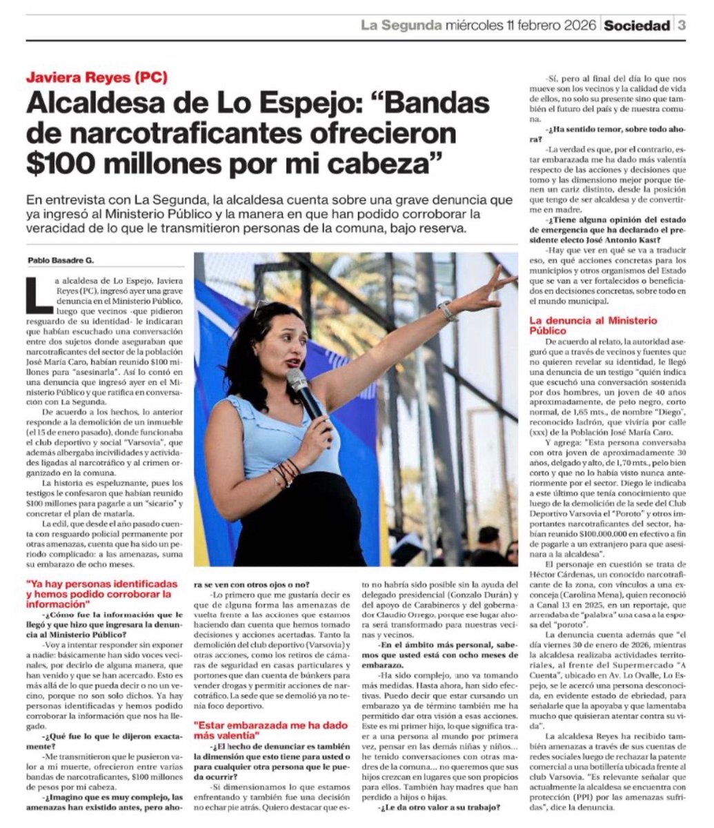 Bien la denuncia alcaldesa <a href="/Javireyesj/">Javiera Reyes Alcaldesa de Lo Espejo</a>. Cuenta nuevamente con todo nuestro respaldo en esta batalla contra el crimen organizado. Tenemos que defender con valentía la recuperación de espacios públicos y no permitir que los delincuentes nos amedrenten.