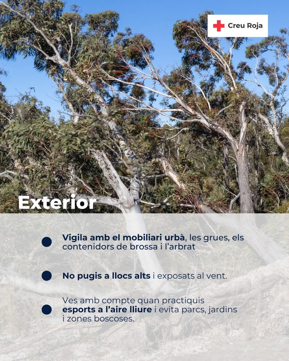 CreuRojaSFG's tweet photo. 🔴🌬️ Previsió de ventades amb perill extrem per dijous 12 a gran part de Catalunya. Fes cas al següents consells. Molta precaució i limita les activitats a l’exterior.

#VENTCAT @emergenciescat https://t.co/qX4dMtprg2