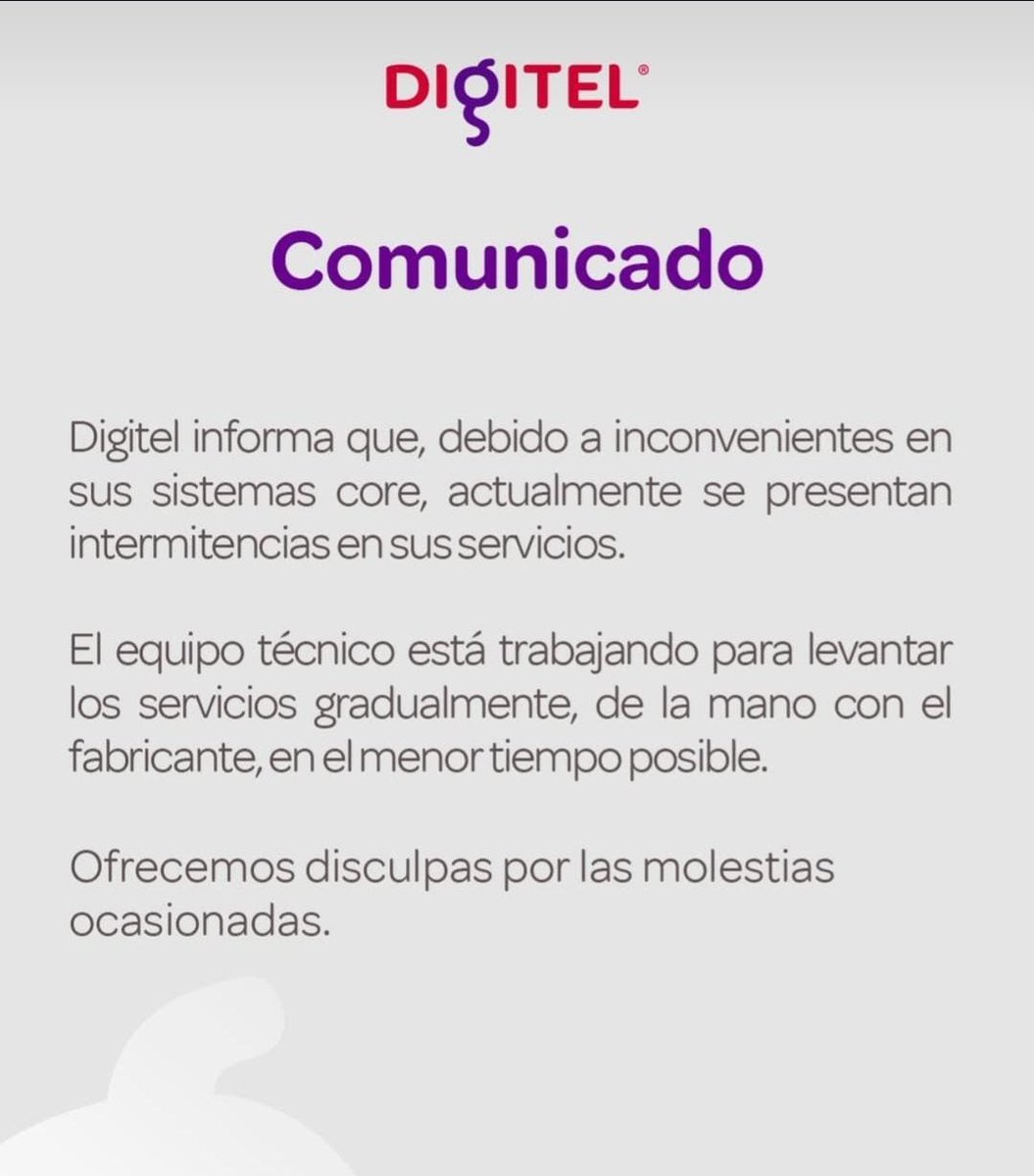 Tome previsiones!!

#Digitel informa de inconvenientes en la prestación su servicio, desde la mañana de hoy 11 de febrero.