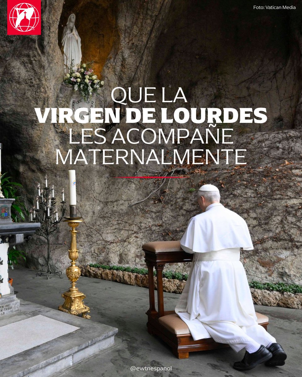 EWTNespanol's tweet photo. "Que la Virgen de Lourdes, a quien hoy celebramos, les acompañe maternalmente, interceda por ustedes ante Dios y les obtenga las gracias que los sostengan en su camino. A ella confiamos a todos los enfermos, que hoy, Día Mundial del Enfermo, recordamos con especial afecto."

Homenaje del Papa León XIV a la Inmaculada, con motivo de la Jornada Mundial del Enfermo en la gruta de Lourdes en los Jardines Vaticanos este 11 de febrero de 2026.