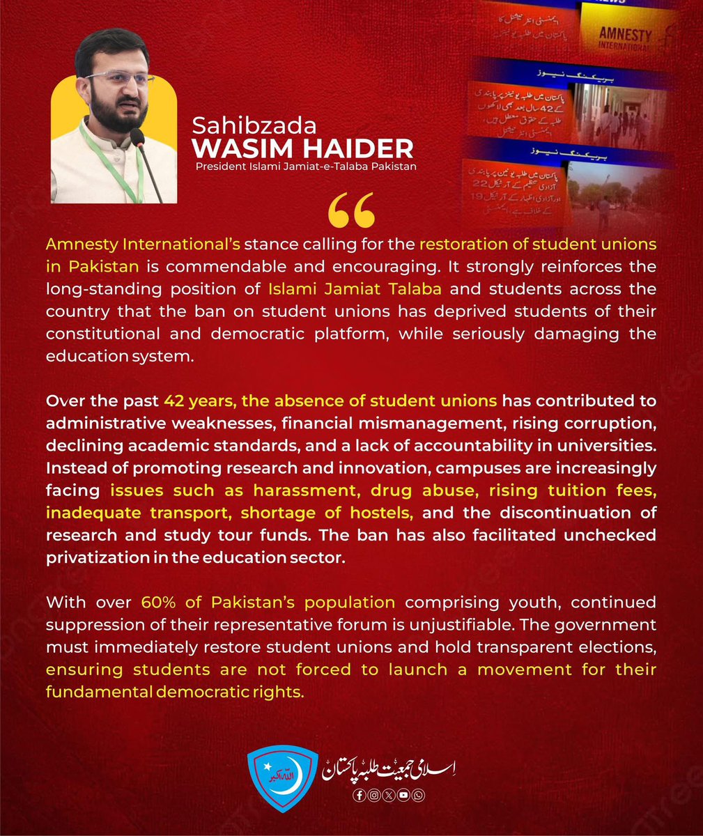 Amnesty International’s call to restore student unions in Pakistan is timely and justified. For 42 years, students have been deprived of their democratic platform, leading to declining academic standards and lack of accountability. With 60% youth population, restoring student