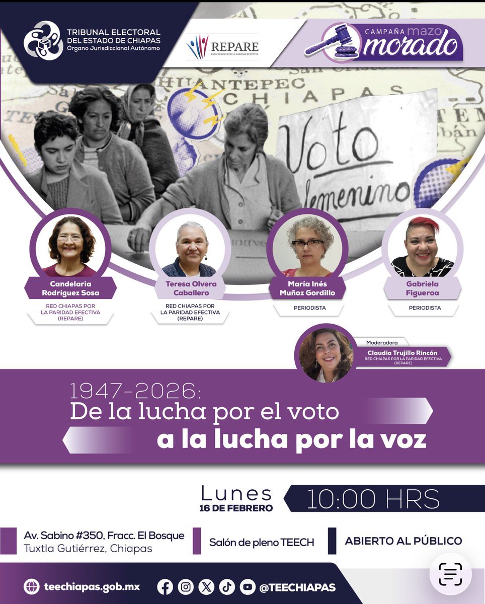 teechiapas's tweet image. 🟣 𝐂𝐨𝐧𝐯𝐞𝐫𝐬𝐚𝐭𝐨𝐫𝐢𝐨 ❞𝟏𝟗𝟒𝟕–𝟐𝟎𝟐𝟔: 𝐃𝐞 𝐥𝐚 𝐥𝐮𝐜𝐡𝐚 𝐩𝐨𝐫 𝐞𝐥 𝐯𝐨𝐭𝐨 𝐚 𝐥𝐚 𝐥𝐮𝐜𝐡𝐚 𝐩𝐨𝐫 𝐥𝐚 𝐯𝐨𝐳❞

En el marco del 79 aniversario del reconocimiento del derecho al voto y a ser votadas de las mujeres a nivel. Acompáñanos

#TribunalAbierto
#TEECH