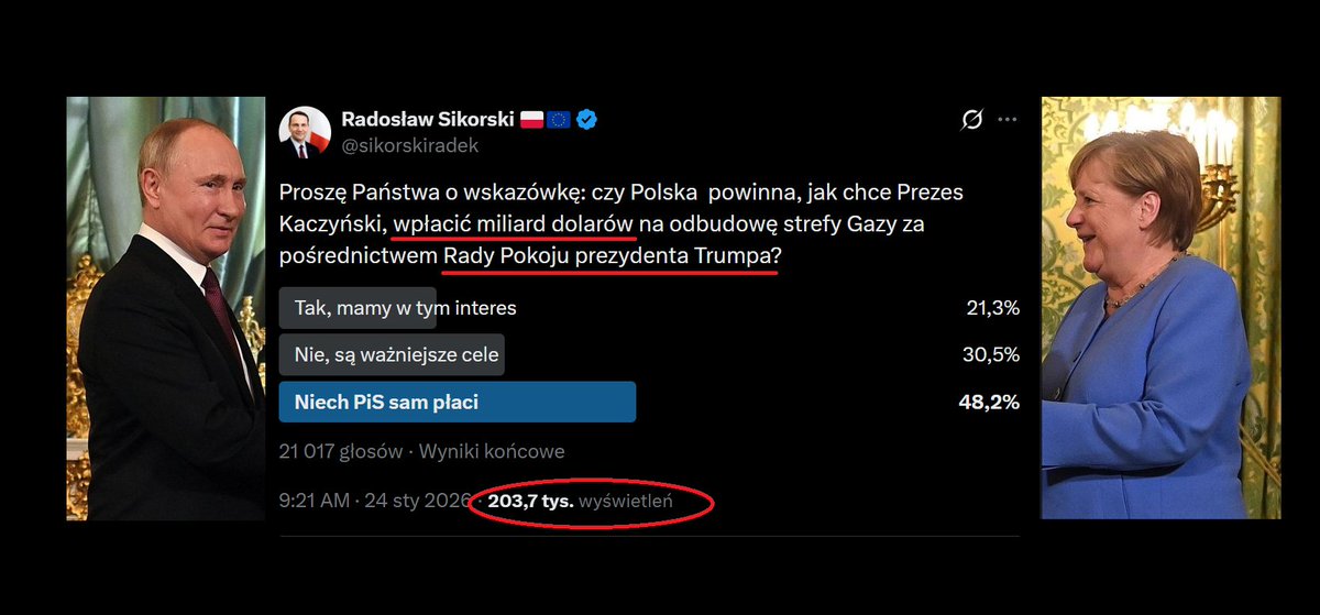 ‼️ WAŻNE ‼️

Rozprowadzaniem fake newsa o miliardzie dolarów OSOBIŚCIE zajmuje się WICEPREMIER I SZEF MSZ w rządzie Donalda Tuska.

A kto na tym, nakłaniającym Polaków by byli PRZECIWKO uczestnictwu Polski w międzynarodowej organizacji pokoju KŁAMSTWIE korzysta?

To oczywiste.