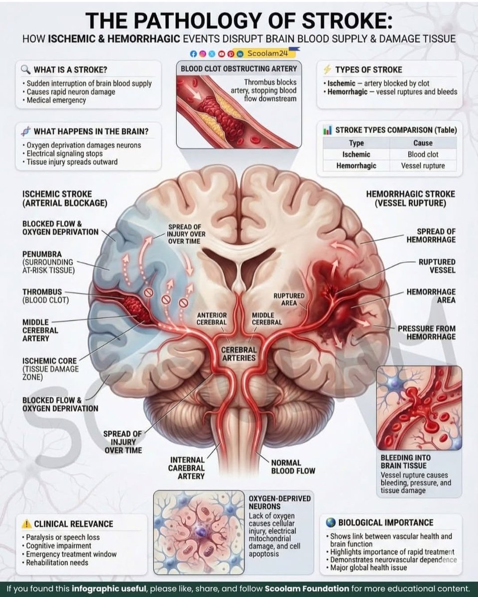 The primary pathological differences between the two main types of stroke: ischemic and hemorrhagic.

instagram.com/p/DUl_E5Tkt2x/…