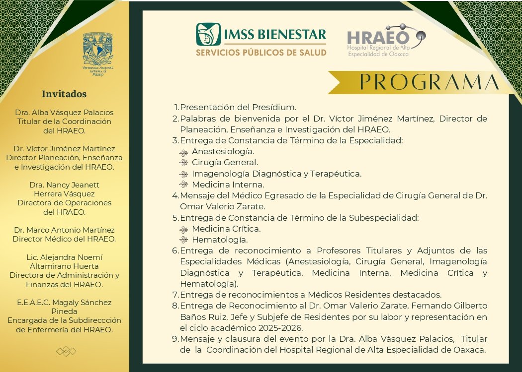 El HRAEO te invita a la Ceremonia de Graduación de Médicos Residentes de Especialidad, que se llevará a cabo el 20 de febrero 2026, en el auditorio del Hospital.