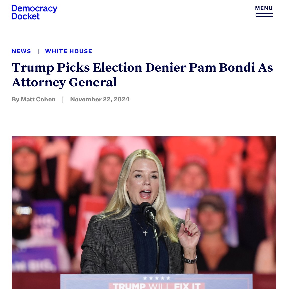 While the Washington Post was giving Pam Bondi a thumbs up for being "qualified" and "serious", Democracy Docket was calling her an "Election Denier."  

I started Democracy Docket to be unapologetic and pro-democracy. Support its work. Subscribe today. bit.ly/4a7l1TR