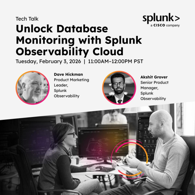 Fikersveen's tweet photo. Ready to tackle slow database queries? Join our Tech Talk on Feb 3 to explore Splunk’s new Database Monitoring. Discover how AI-powered insights make troubleshooting faster and easier—boost performance and collaboration across your teams! https://t.co/CteyDjCDVW https://t.co/LMfJ7H1waC