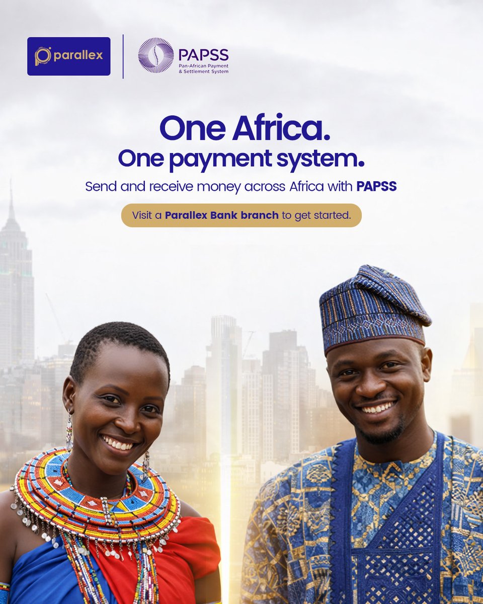 parallexbankng's tweet photo. Africa moves as one when payments are seamless.
With PAPSS on Parallex, your money travels the continent with ease.
One payment system, endless possibilities.
#AfricaConnected #ParallexBank #PAPSS #PanAfricanPayments #BankBeyondBorders https://t.co/AY3uWSlwB9