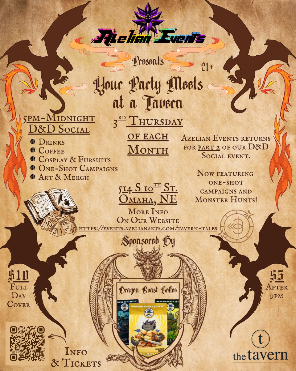 🔥Attention Adventurers🔥

🐉We're just over a week away from our 2nd installment of "Your Party Meets at a Tavern!"

🎟️Don't forget to grab your ticket -> events.azelianarts.com/tavern-tales

In partnership with:
☕@dragonroast
📔@thedelversguide

#furry #dnd5e #social