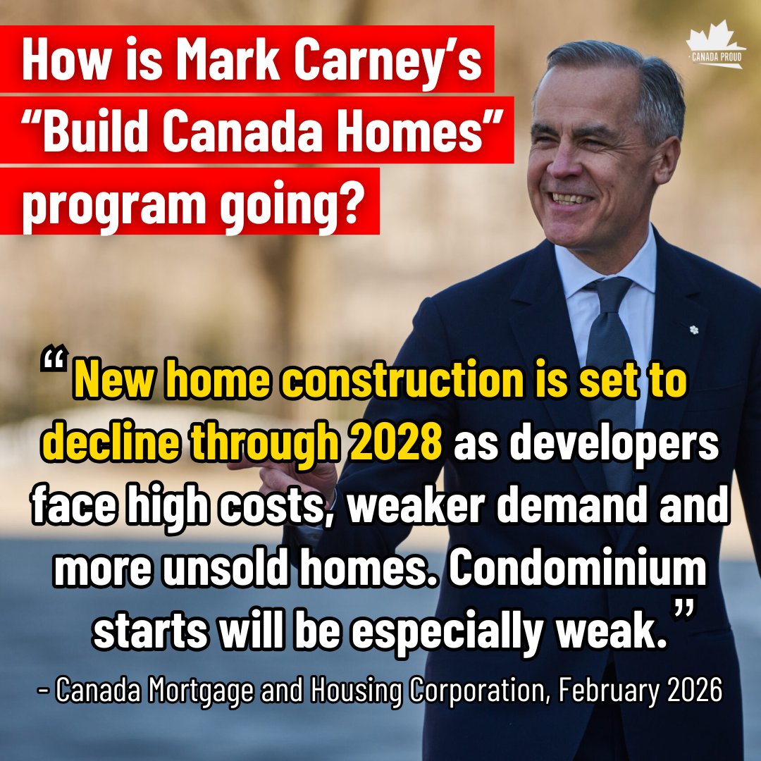 Mark Carney promised to launch Build Canada Homes to do exactly what the name suggests.

The result: The CMHC is predicting that construction will actually DECLINE over the next three years.

Pierre Poilievre was right when he said that a new federal bureaucracy wasn't going to
