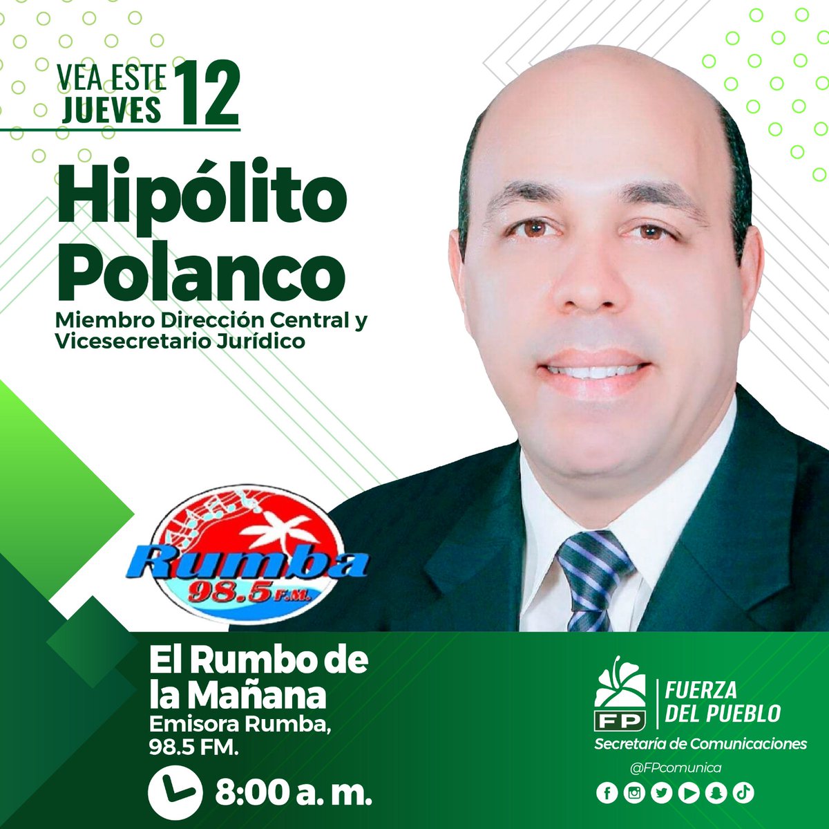 HipolitoPolanc0's tweet photo. El PRM en picada.
La Fuerza del Pueblo en plena consolidación.

Este jueves 12, a partir de las 8:00 a. m., por Rumba 98.5 FM.
¡Acompáñanos y súmate al análisis político del momento!

#HipólitoPolanco #Fpcomunica https://t.co/u3wDKy4Fr9