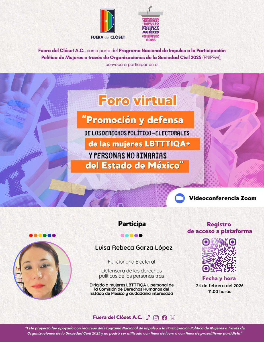 Foro virtual "Promoción y defensa de los derechos político-electorales de mujeres LBTTTIQA+ y personas no binarias del Estado de México". 🗓️ 24 feb 2026 | 🕚 11:00 h | 💻 Zoom. Registro: código QR. Organiza: <a href="/FueraCloset_AC/">Fuera del Clóset A.C. 🏳️‍🌈🏳️‍⚧️</a> #DerechosPolíticos #Inclusión