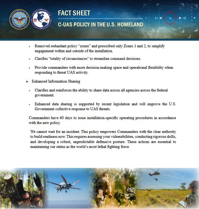 🇺🇸 In an interesting coincidence, 9 hours before the FAA issued the El Paso NOTAM yesterday evening, the DoW published a fact sheet on "Updated Guidance for Countering Unmanned Aircraft Systems in the Homeland."

Some notable authorities in the policy:

▶️ "Grants commanders the