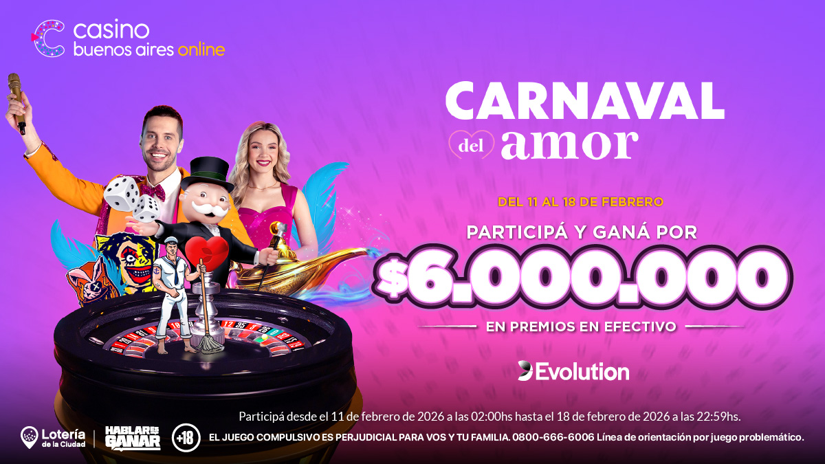 🎭💘 Carnaval del Amor en Casino Buenos Aires Online

📅 Del 11 al 18 de febrero
💸 $6.000.000 en premios en efectivo
🎰 En juegos Evolution

👉 Entrá, participá y ganá.

#CarnavalDelAmor #CasinoBuenosAiresOnline