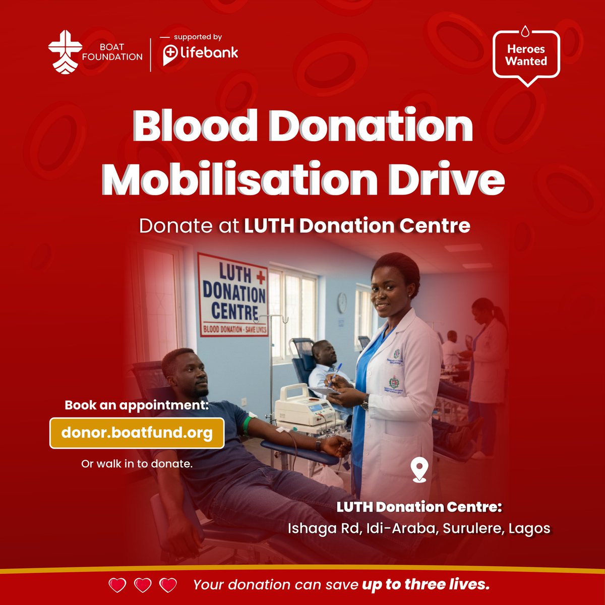 Boatfoundation's tweet photo. Do you live near Surulere, Yaba, Mushin, Aguda, or Ojuelegba in Lagos?

Patients in Lagos urgently need blood. Donate at:

📍 LUTH Donation Centre, Ishaga Rd, Idi-Araba, Surulere, Lagos.

🌐 Visit: https://t.co/tOQYZNI9Tu

One donation can save up to 3 lives. Be a lifesaver🩸 https://t.co/T3gfze09Ip